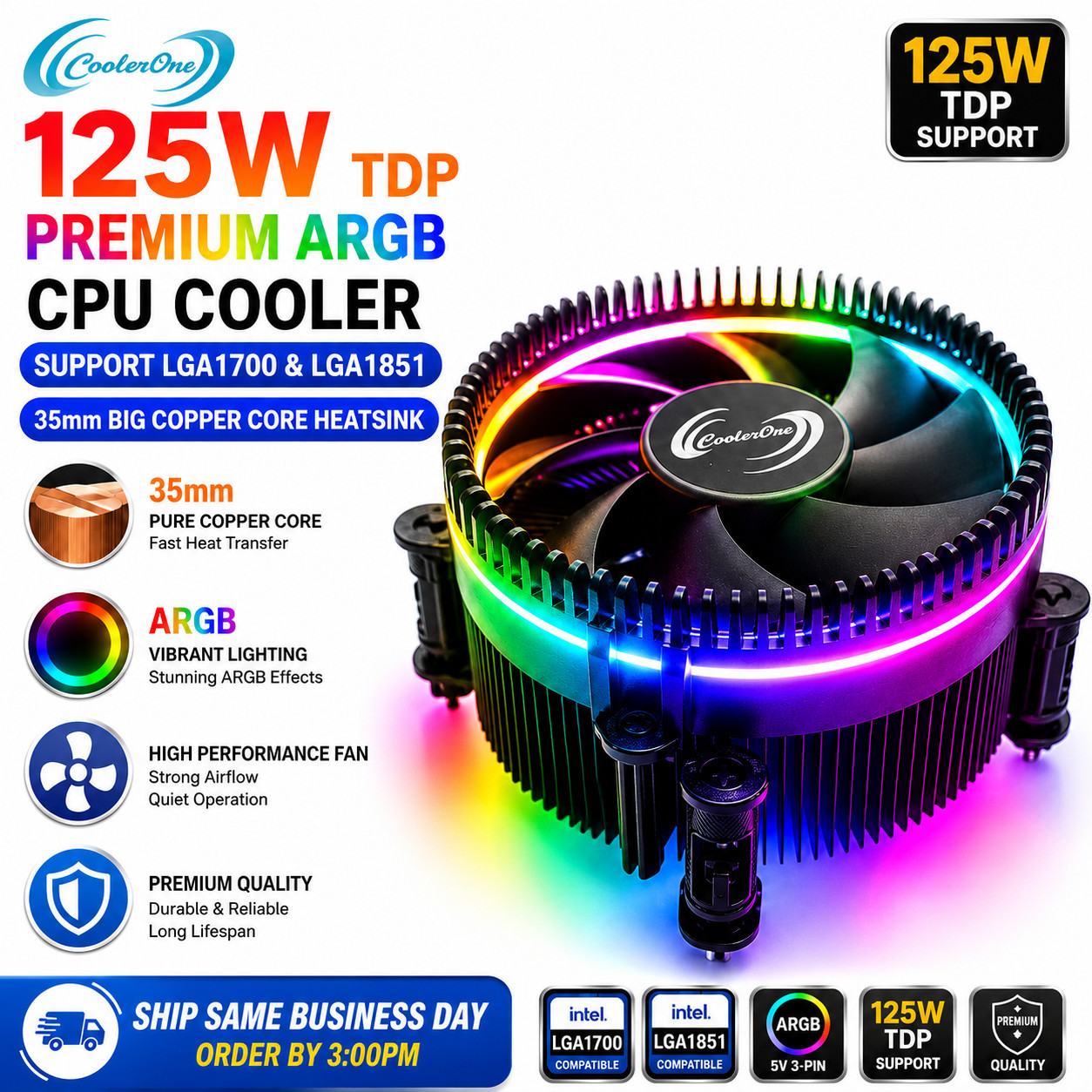 CoolerOne 125W TDP Premium ARGB LGA1851 CPU Cooler 35mm Big Copper Core Heatsink
