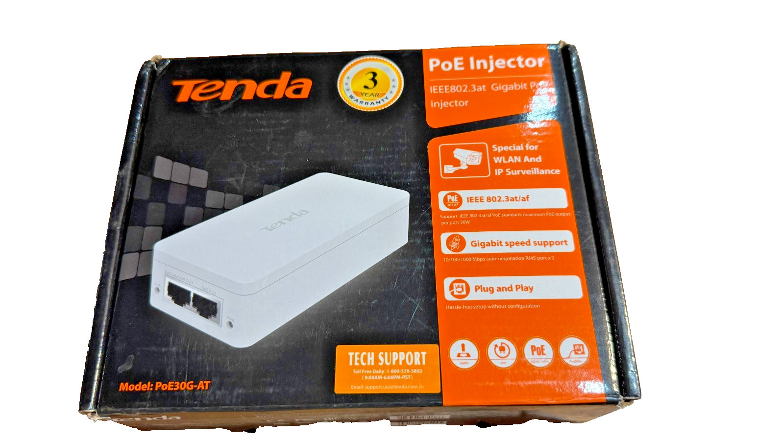 Tenda POE30G-AT IEEE802.3at Gigabit PoE Injector 30W Power Over Ethernet Adapter