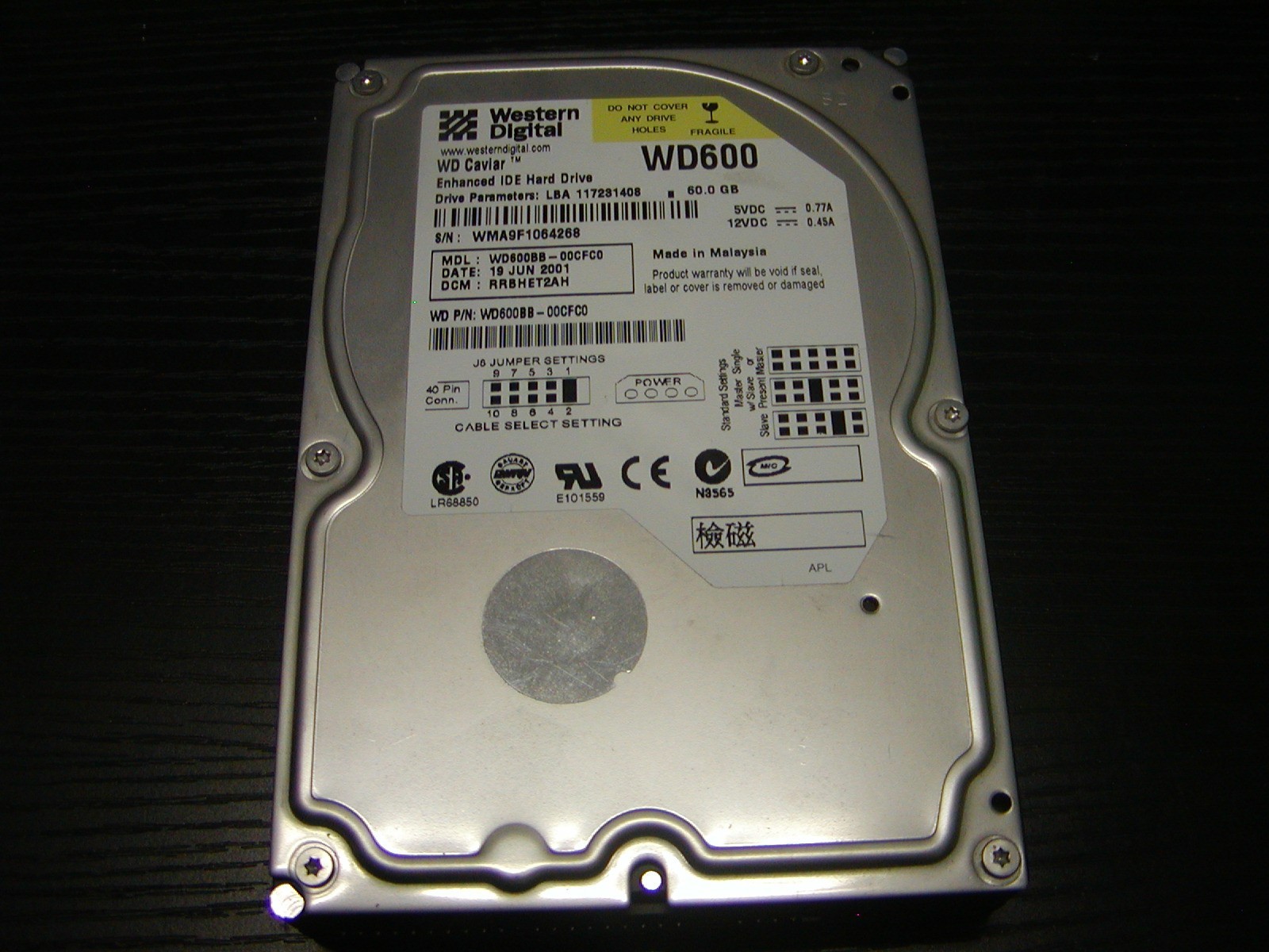 Western Digital WD600BB-00CFC0 60GB IDE Hard Drive 3.5" Tested (See Pictures)