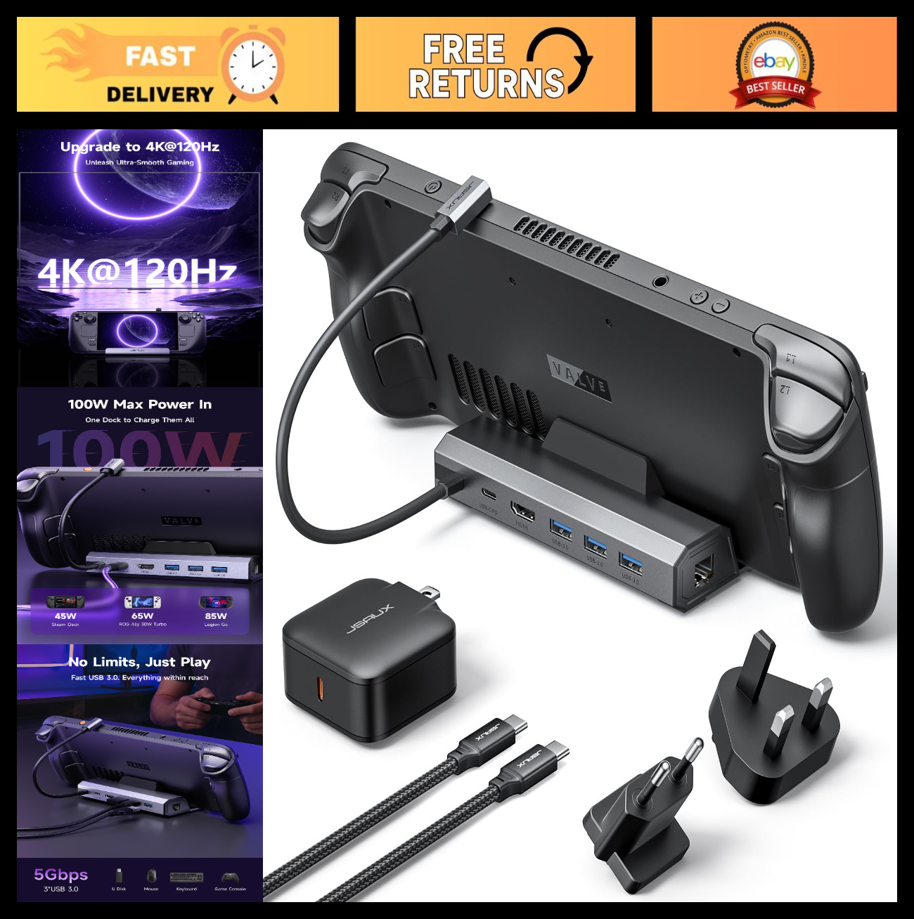 6-in-1 4K@120Hz Docking Station & 65W Charger for Steam Deck, ROG Ally, Legion G