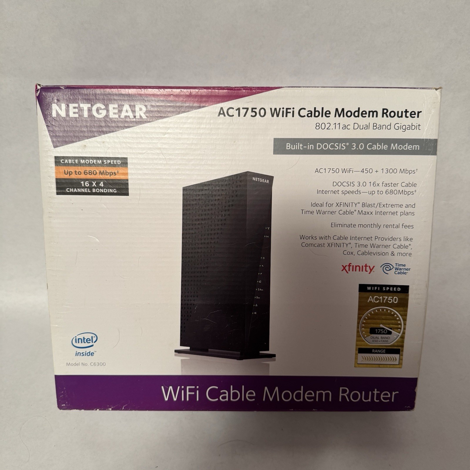Netgear AC1750 WiFi DOCSIS 3.0 Cable Modem Router (C6300-100NAS). New, Open Box