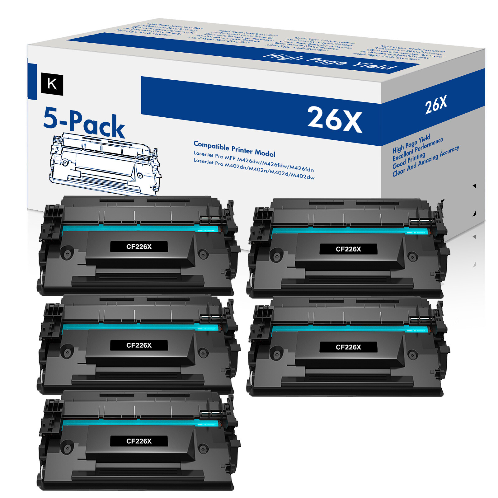 5x CF226X Toner Cartridge W/Chip For HP 26X Laserjet Pro M402dn M426 M426fdw