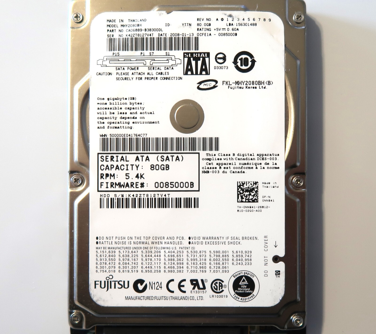Fujitsu MHY2080BH CA06889-B38300DL 0CFE1A-0085000B 80gb Sata 2.5" HDD 01-2008