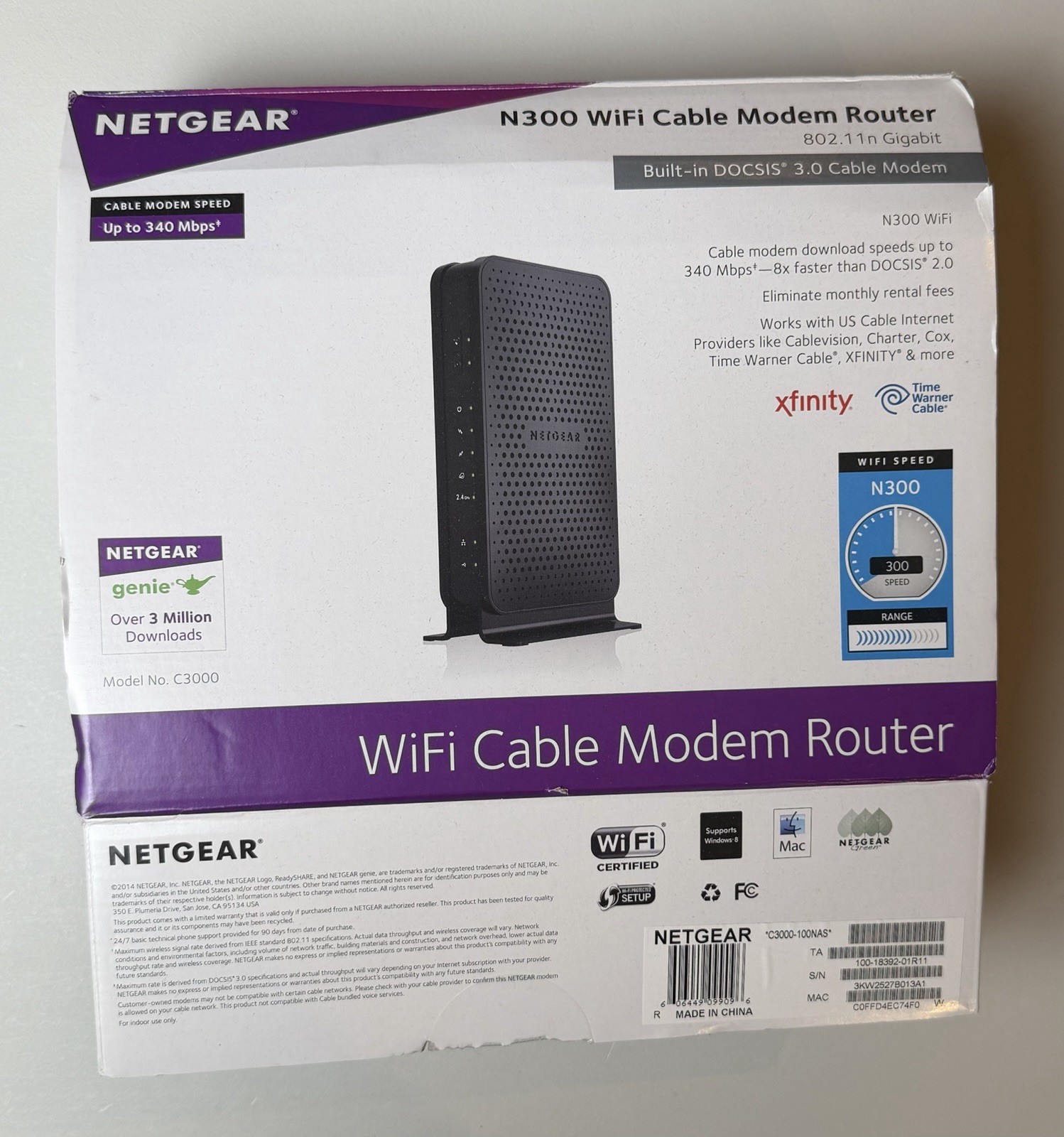 Netgear C3000-100NAS N300 DOCSIS 3.0 WiFi Cable Modem Router Time Warner/Xfinity