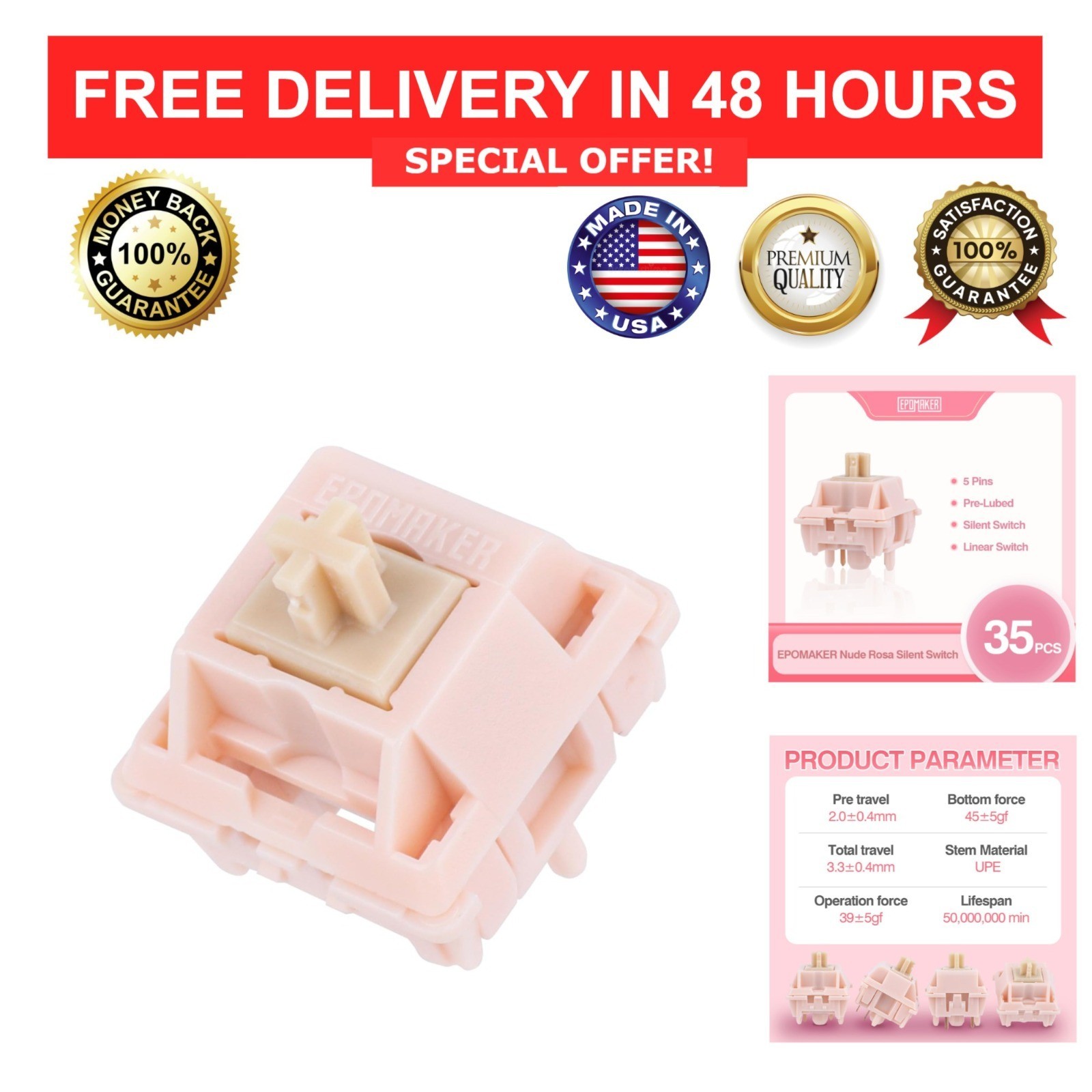EPOMAKER Silent Mechanical Keyboard Switches 35 Pcs Factory Pre-Lubed 5-Pin