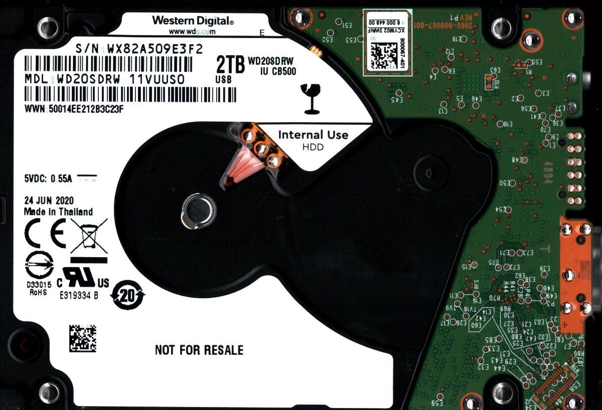 WD20SDRW-11VUUS0 S/N: WX82A WESTERN DIGITAL 2TB THAILAND JUN 2020