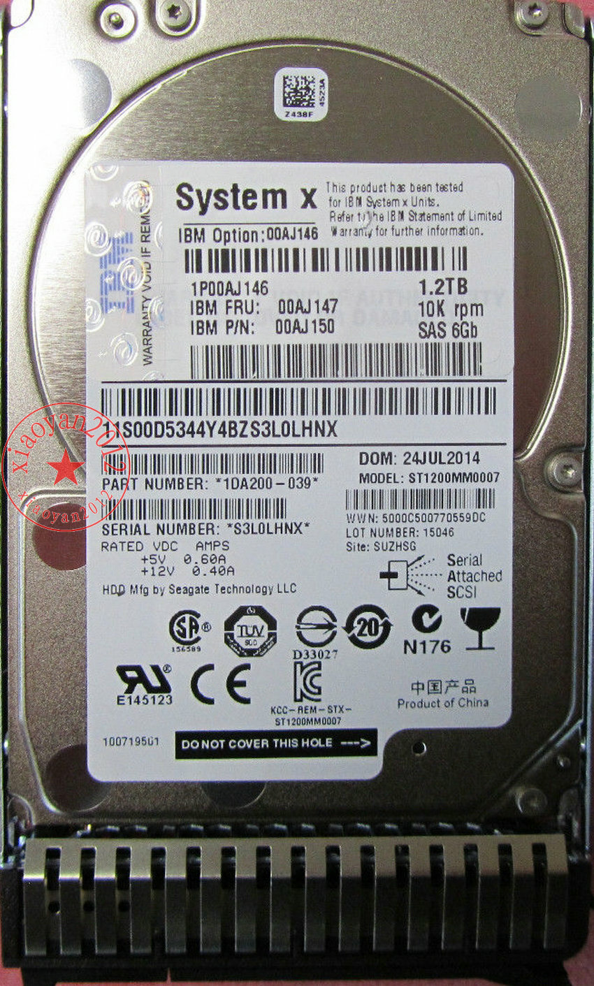 FOR Lenovo IBM SAS HDD 1.2TB 10k SAS 6G SFF FRU 00AJ147 00AJ146 PN 00AJ150