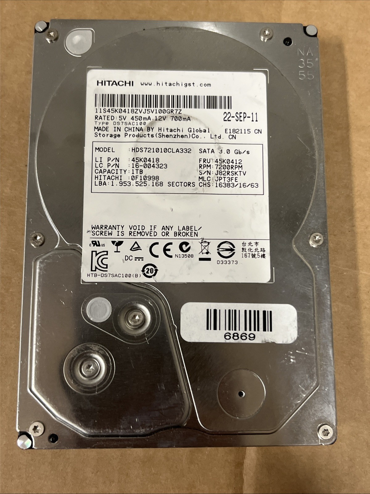 Hitachi 1TB HDS721010CLA332 SATA 3.5 Hard Drive - 45K0418 - Wiped/Tested