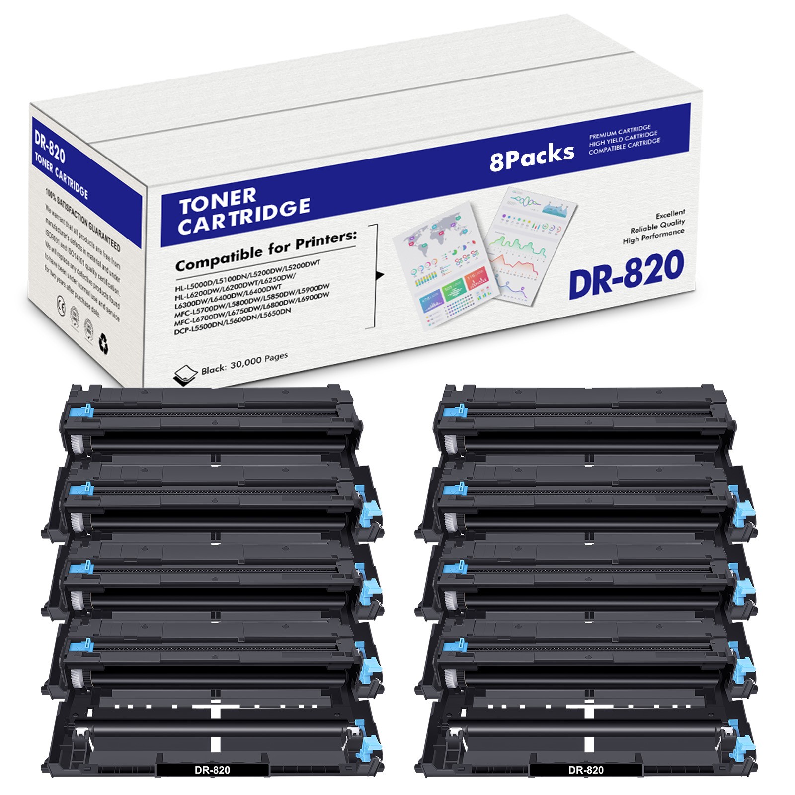8 Pack DR820 Drum Unit Fits for Brother HL-5000D HL-5100DN HL-5200DWT HL-6250DW