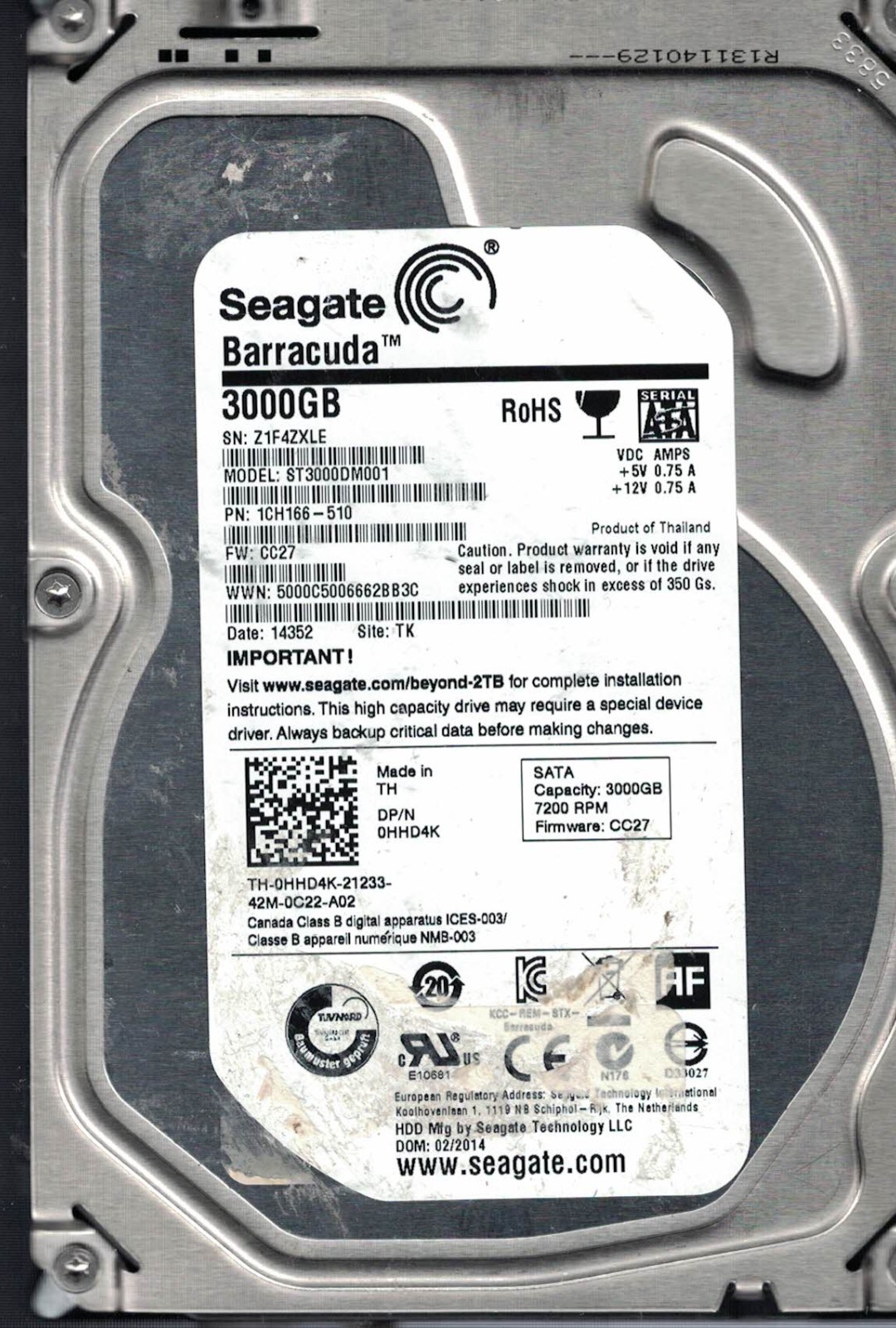 SEAGATE ST3000DM001	Z1F	1CH166-510	CC27	14352	TK
