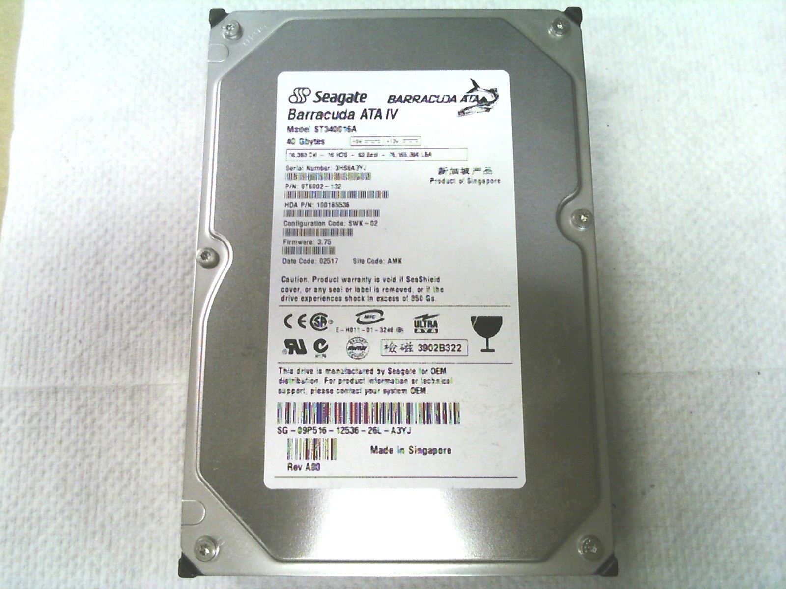 Seagate ST340016A 9T6002-132 100165536 3.75 02517 IDE 40GB HDD Dell 9P516
