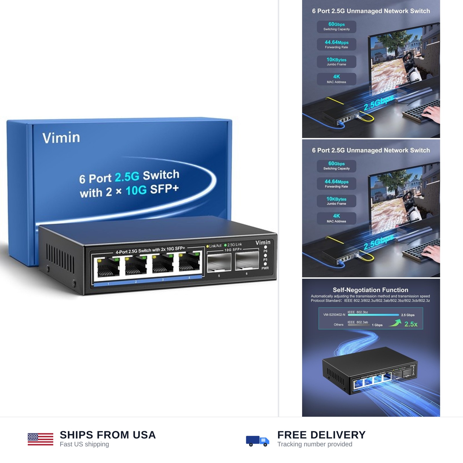 6 Port 2.5G Unmanaged Network Switch, VIMIN 4X 2.5Gbase-T Ports, 2X 10G SFP+ ...