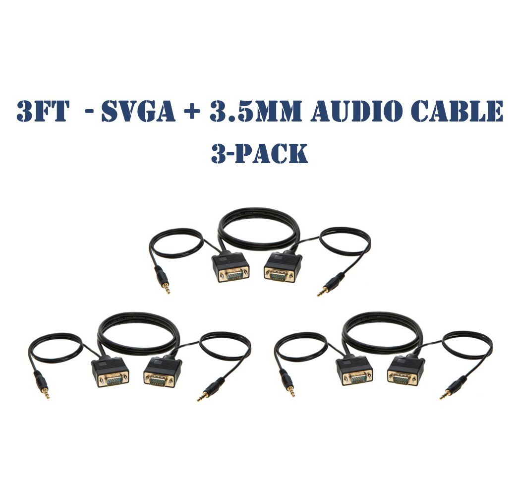 3FT SVGA Video Cable + 3.5mm Audio Jack M/M - PC Display Monitor Cord - 3-Pack