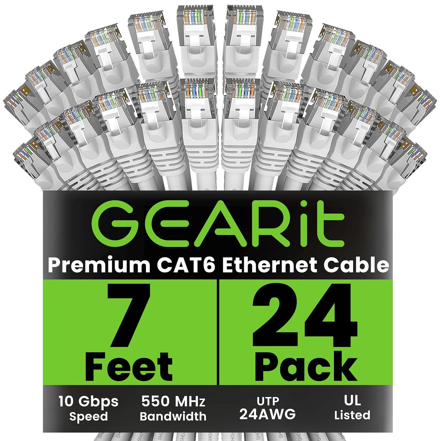 Cat 6 Ethernet Cable 7ft (24-Pack) 10Gbps Snagless RJ45 Gold-Plated - White