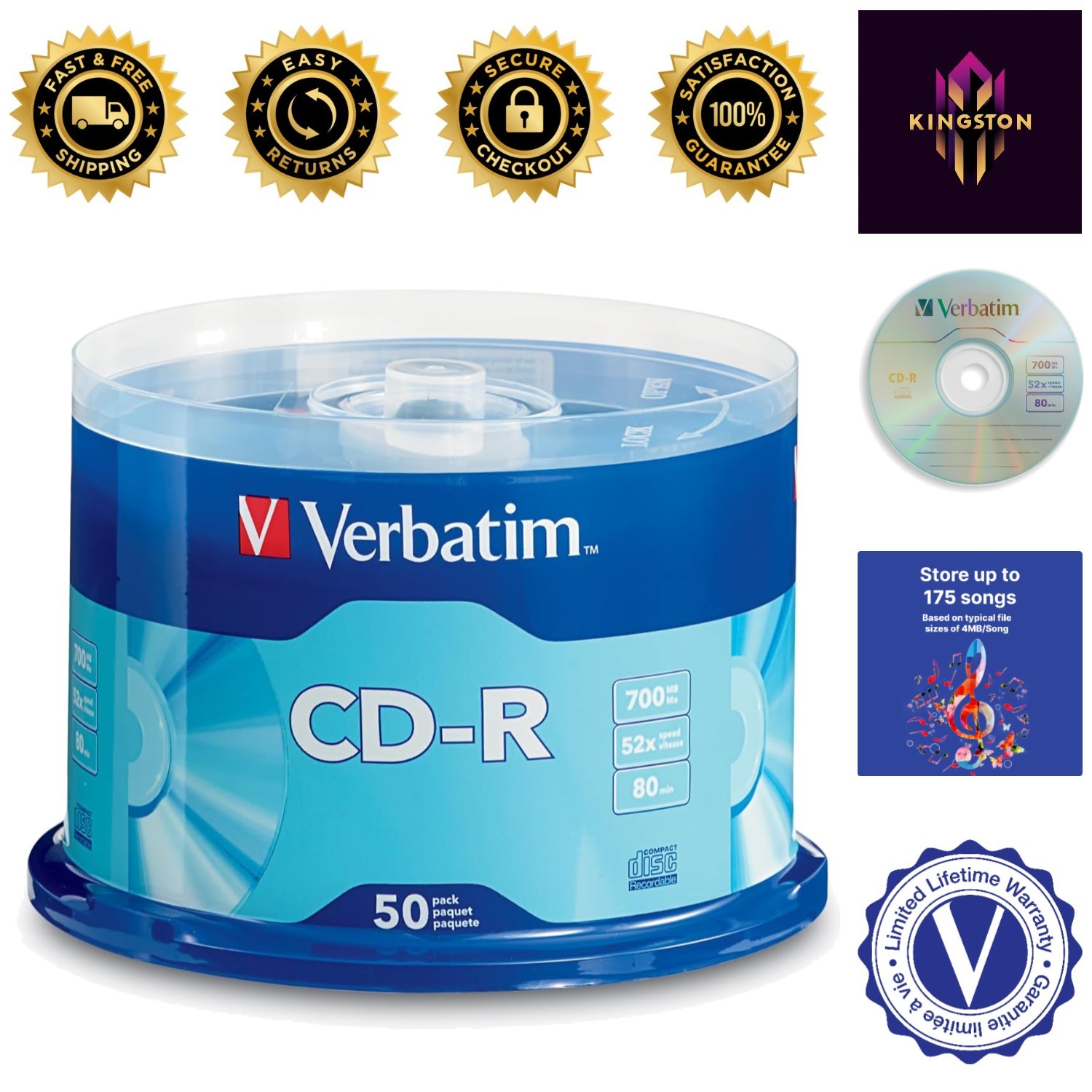 Fast Recording CD-R Blank Discs - 52X, 700MB Capacity for Data & Music - 50 Pack
