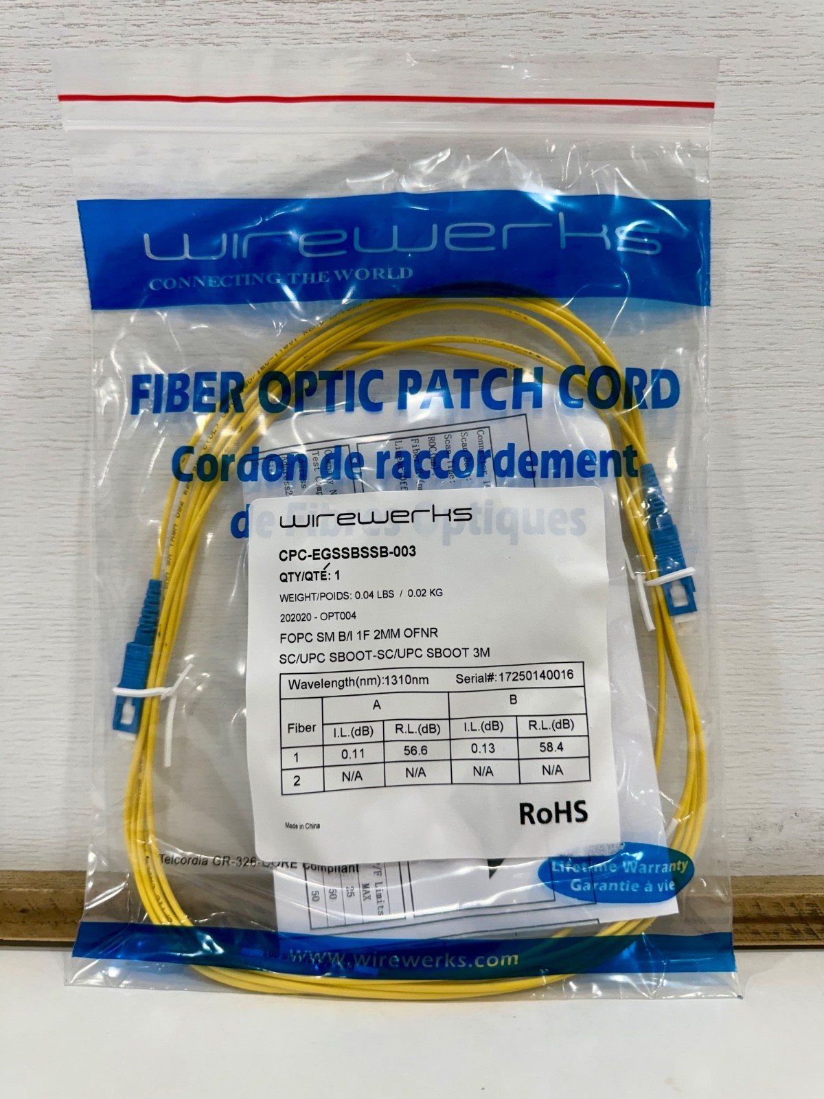 Wirewerks 3M OS2 Simplex Fiber Cable SC/UPC to SC/UPC OFNR New