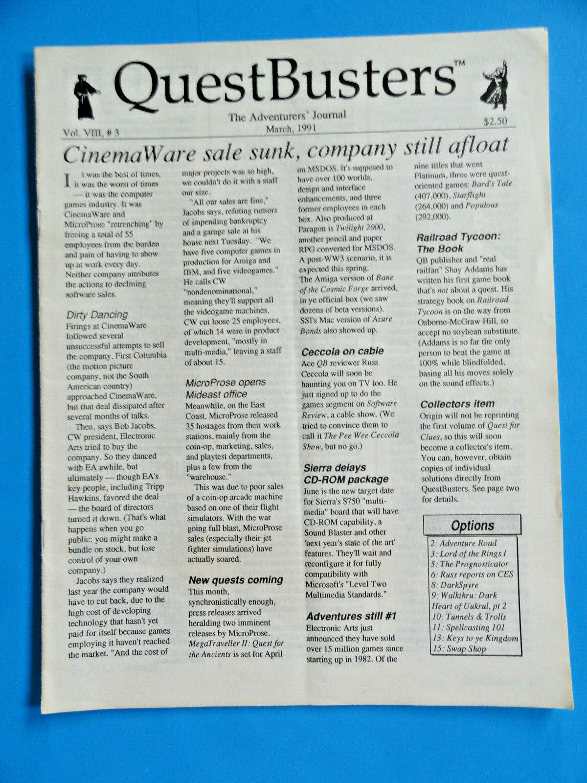 QUESTBUSTERS MARCH 1991 VOL. VIII #3 CINEMAWARE SALE SUNK, COMPANY STILL AFLOAT