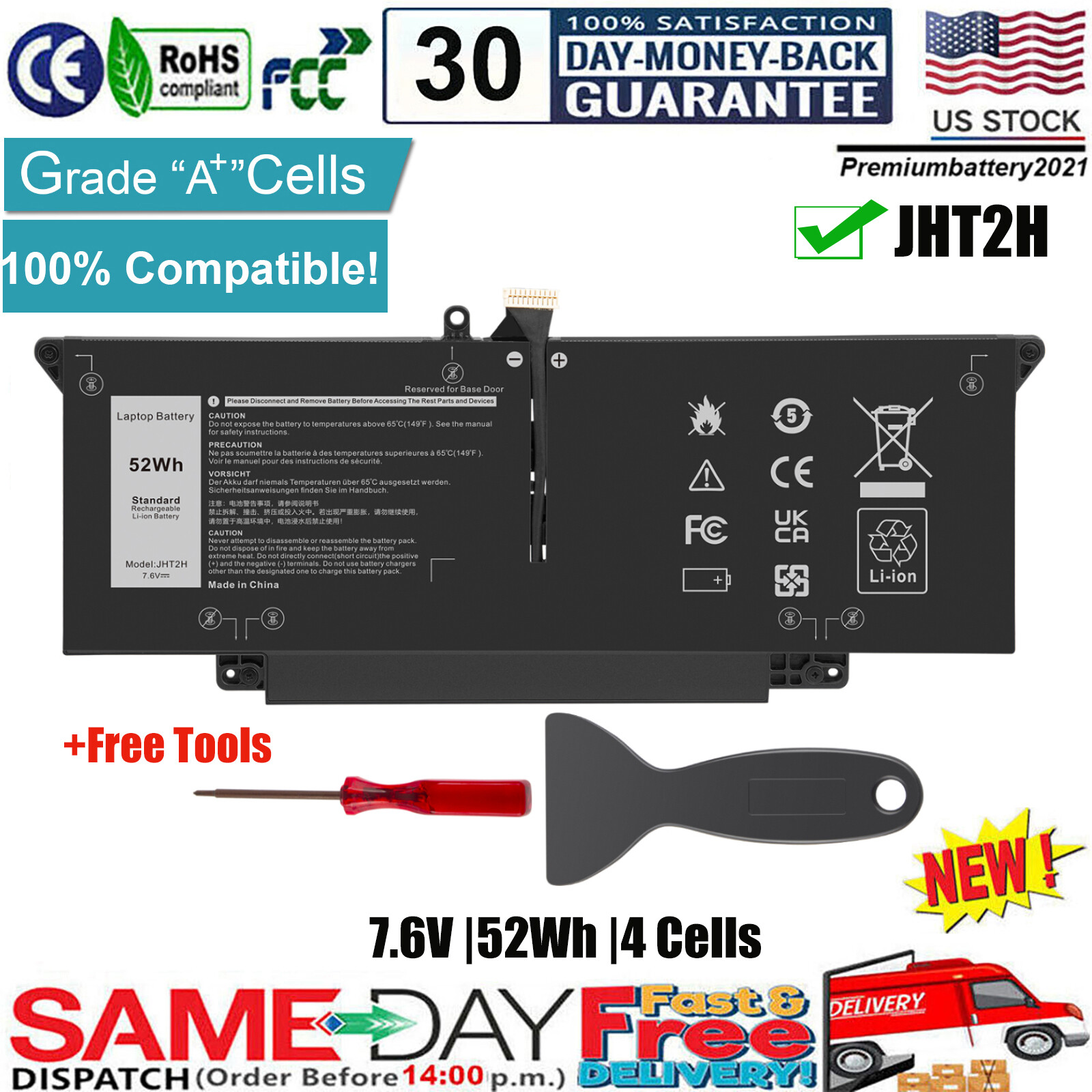 JHT2H Battery For Dell Latitude 7310 7410 Series 0WY9MP 04V5X2 HRGYV 0HRGYV P34S