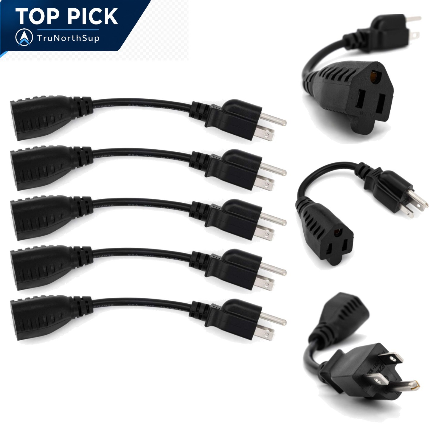 6-Inch Power Extension Cable 5-Pack 18 AWG Copper Vinyl Outlet Saver Type B