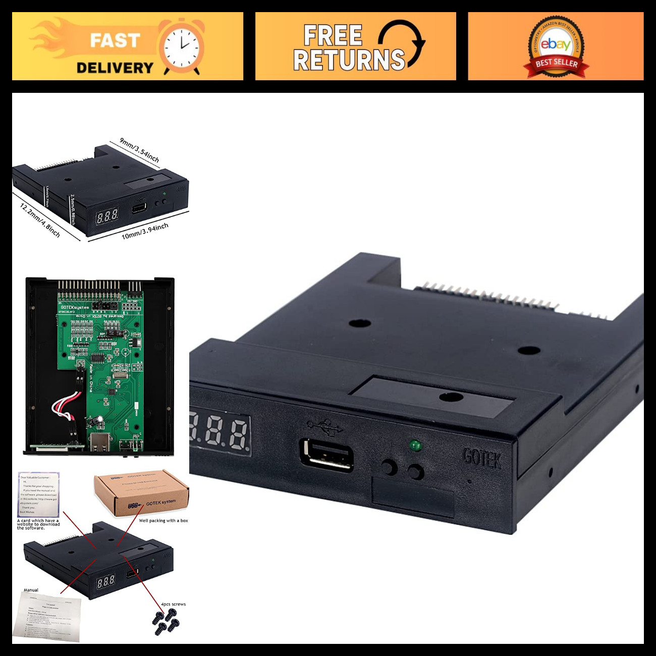 3.5" USB Floppy Drive Emulator, 1.44MB SSD Compatible, Black, for Vintage PCs