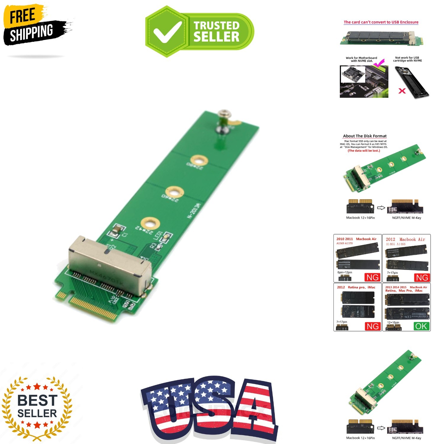 12+16Pin MAC SSD to Motherboard M.2 NVME NGFF M-Key Convert Adapter Card for ...