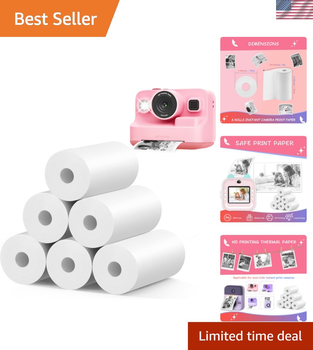 6 Rolls Instant Camera Refill Print Paper, HD Print Camera Paper Refill for M...