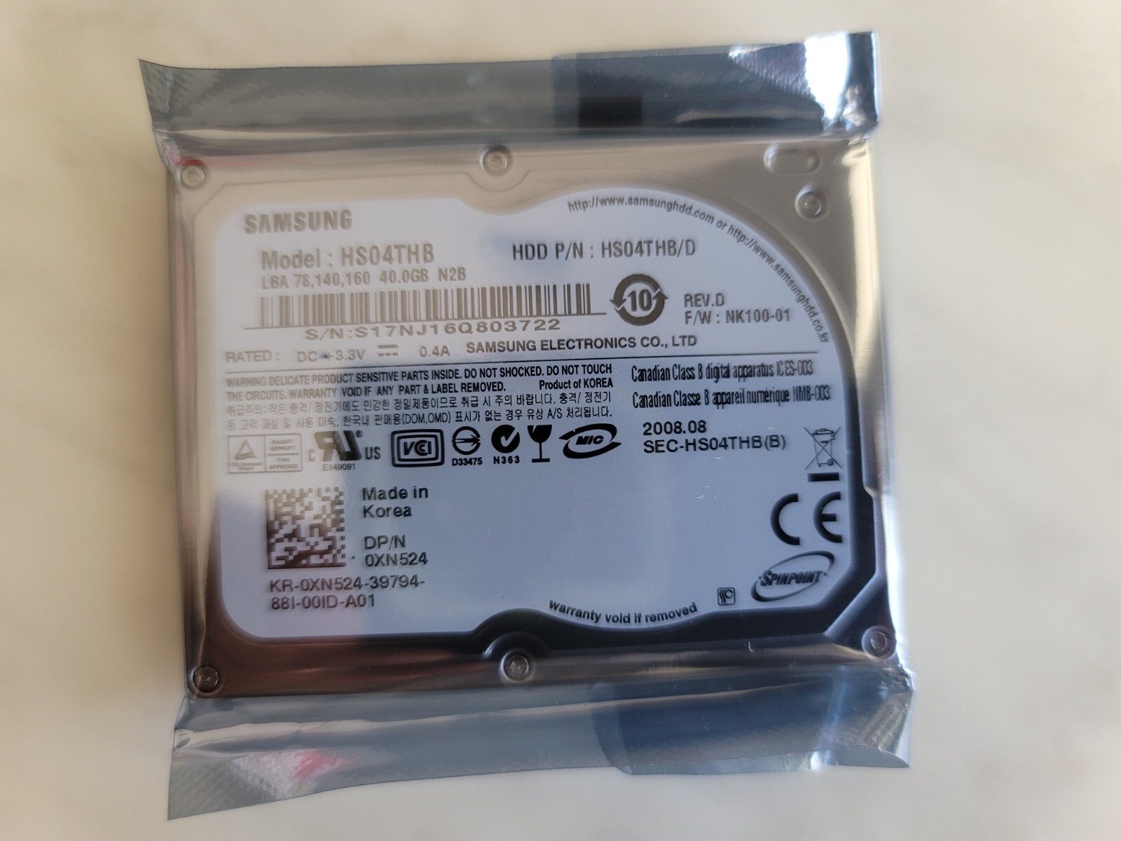 Samsung Spinpoint N2B HS04THB 40GB Internal 4200RPM 1.8" (HS04THB) HDD