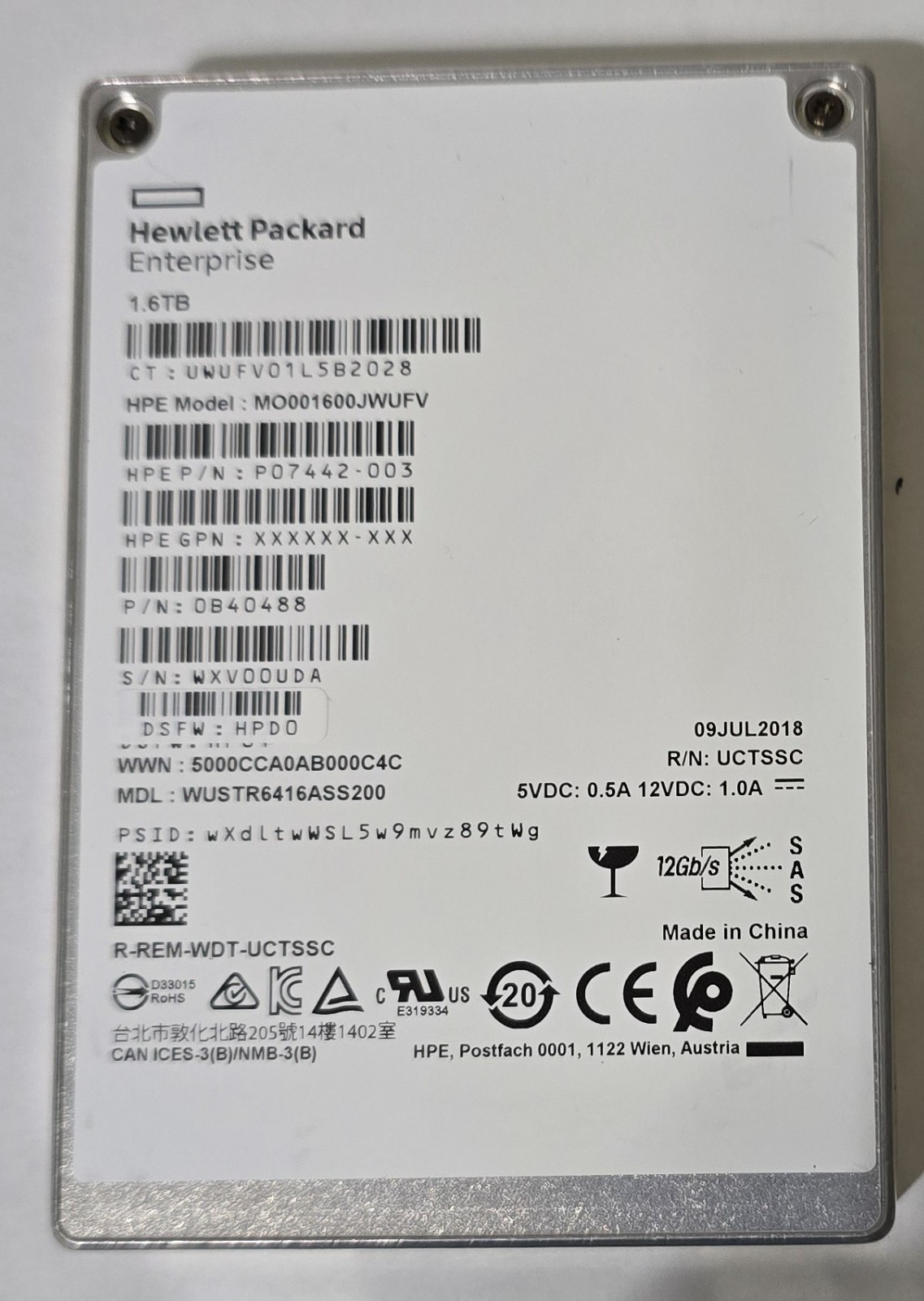 1.6-TB  MO001600JWUFV HP G8-G10 12G ME MU DS 2.5 SAS SC SSD ES