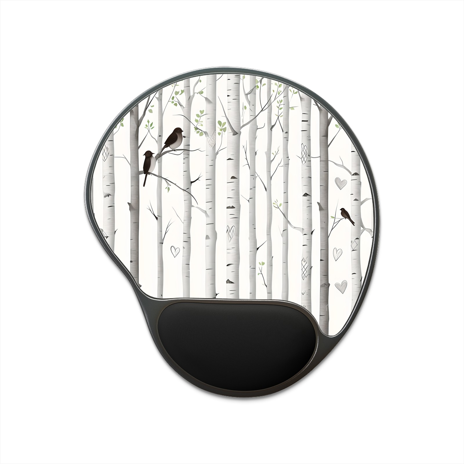 Birch Forest Birds mouse pad with wrist rest | Woodland trees hearts design
