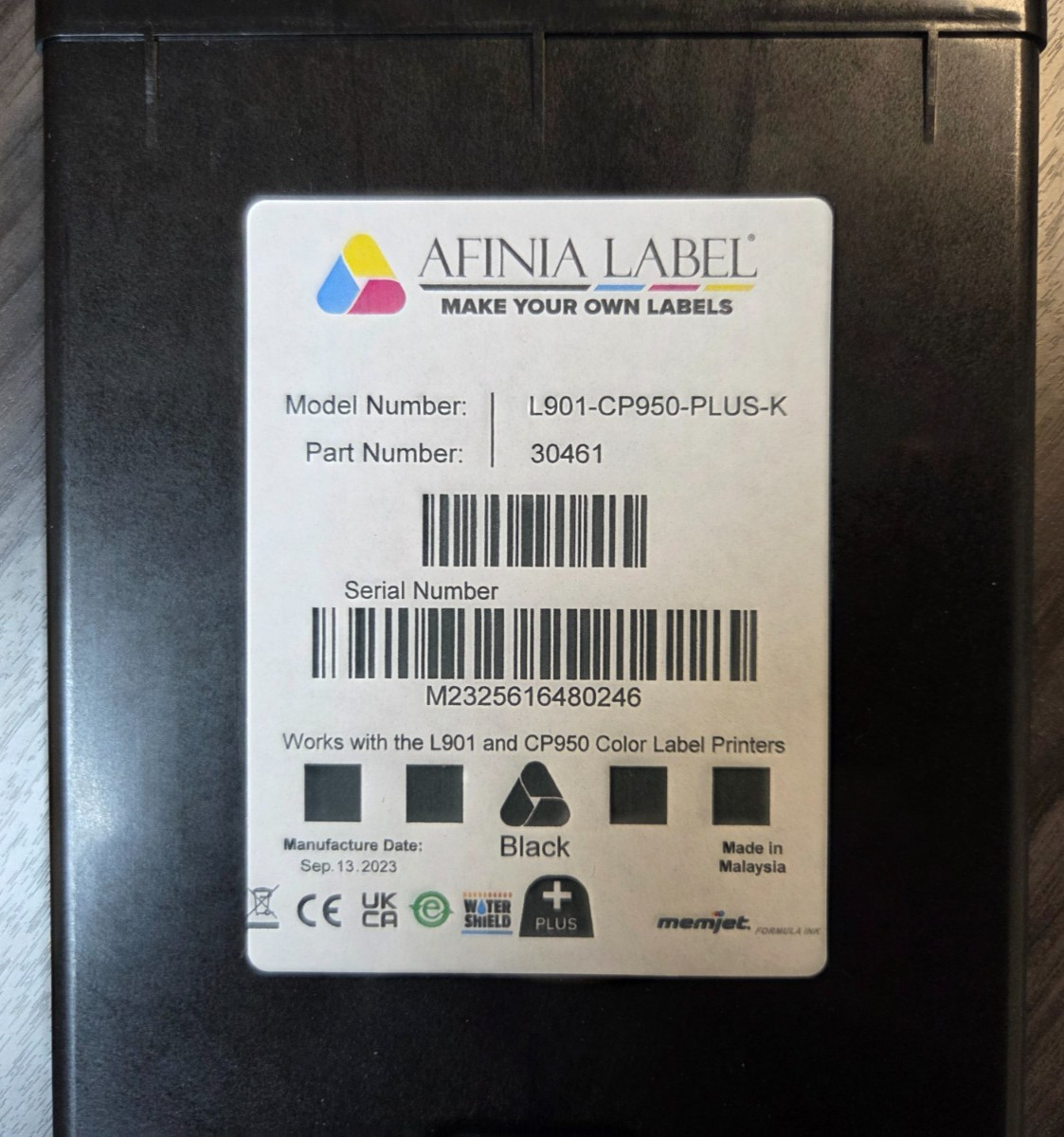 Afinia L901/CP950-PLUS-K.  Black Ink Cartridge  DATE: 9/2023