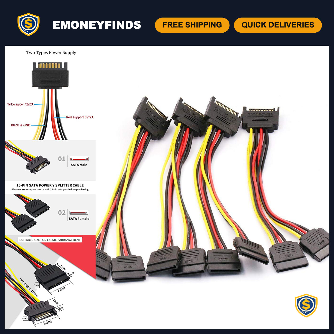 4PCS 8In SATA 15Pin Male to Dual Female Power Splitter Cables for PC Hardware