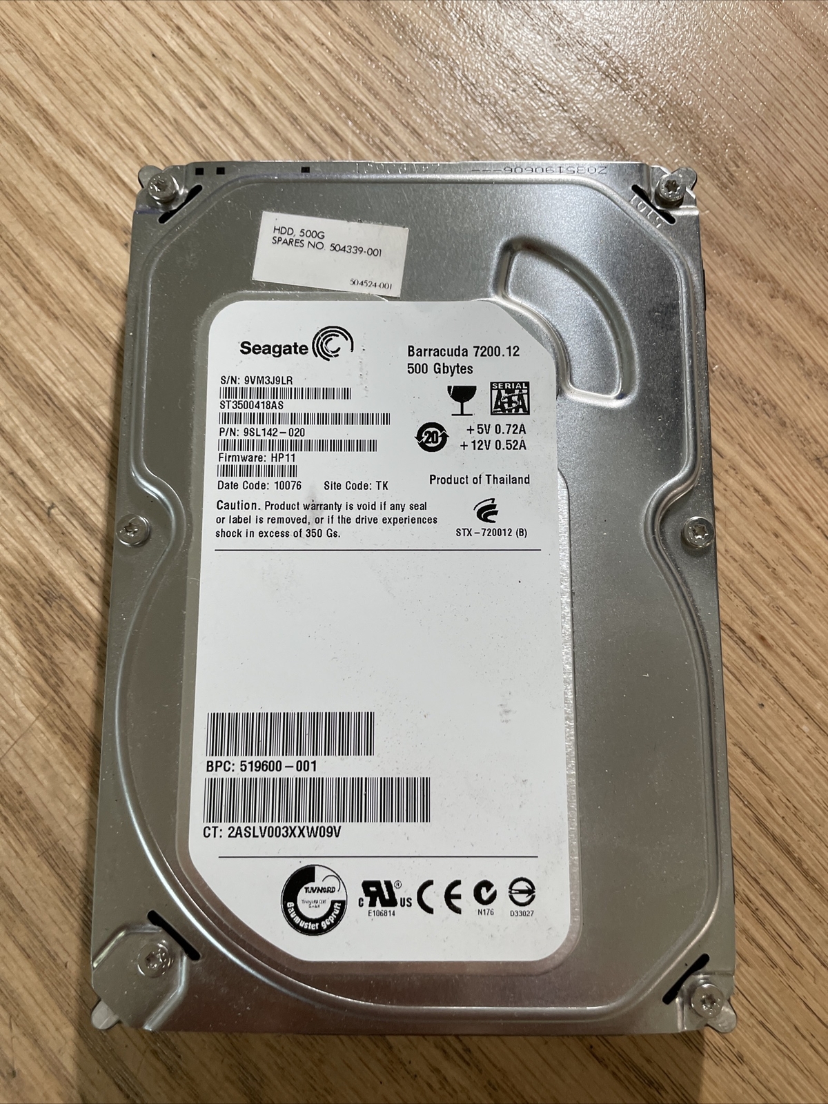 Seagate ST3500418AS P/N: 9SL142-020 F/W: HP11 500GB WU