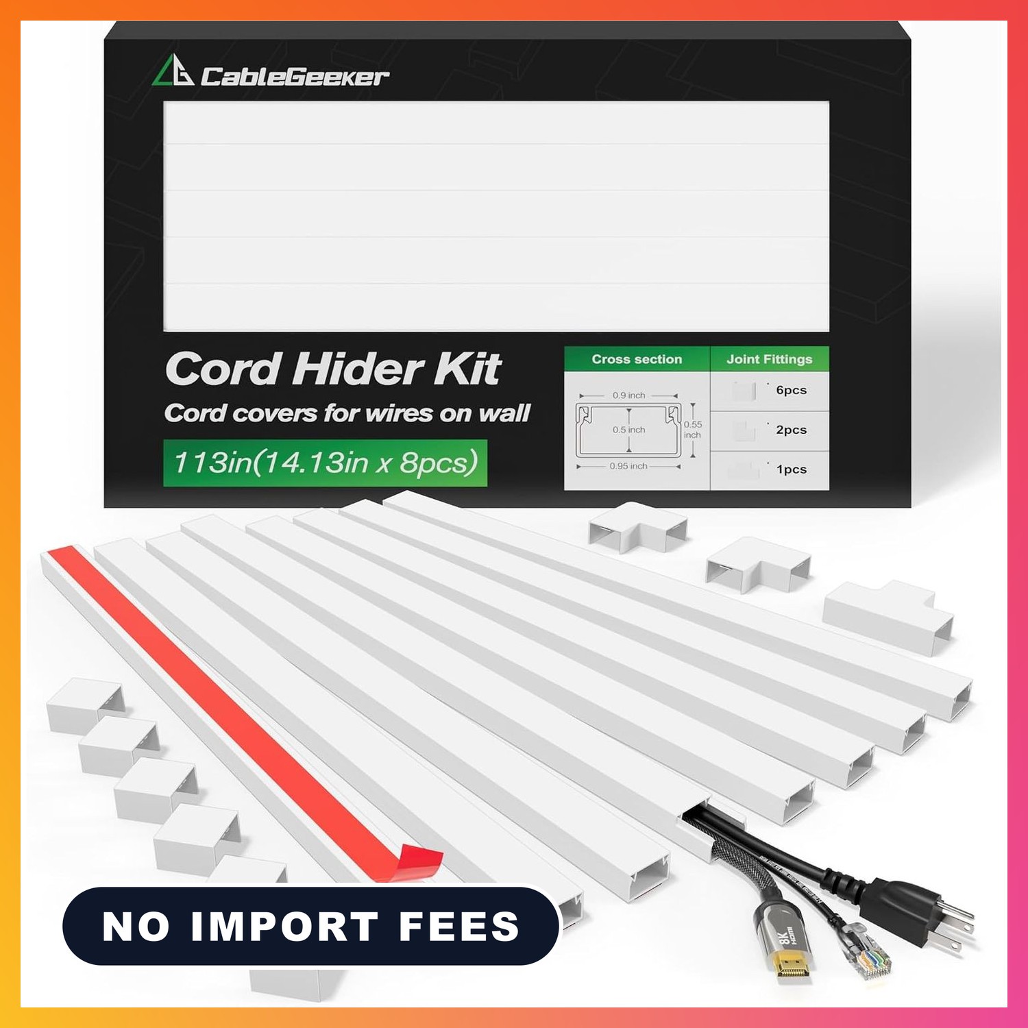 Cord Hider Kit, 113 in, Paintable Self-Adhesive Raceway, White