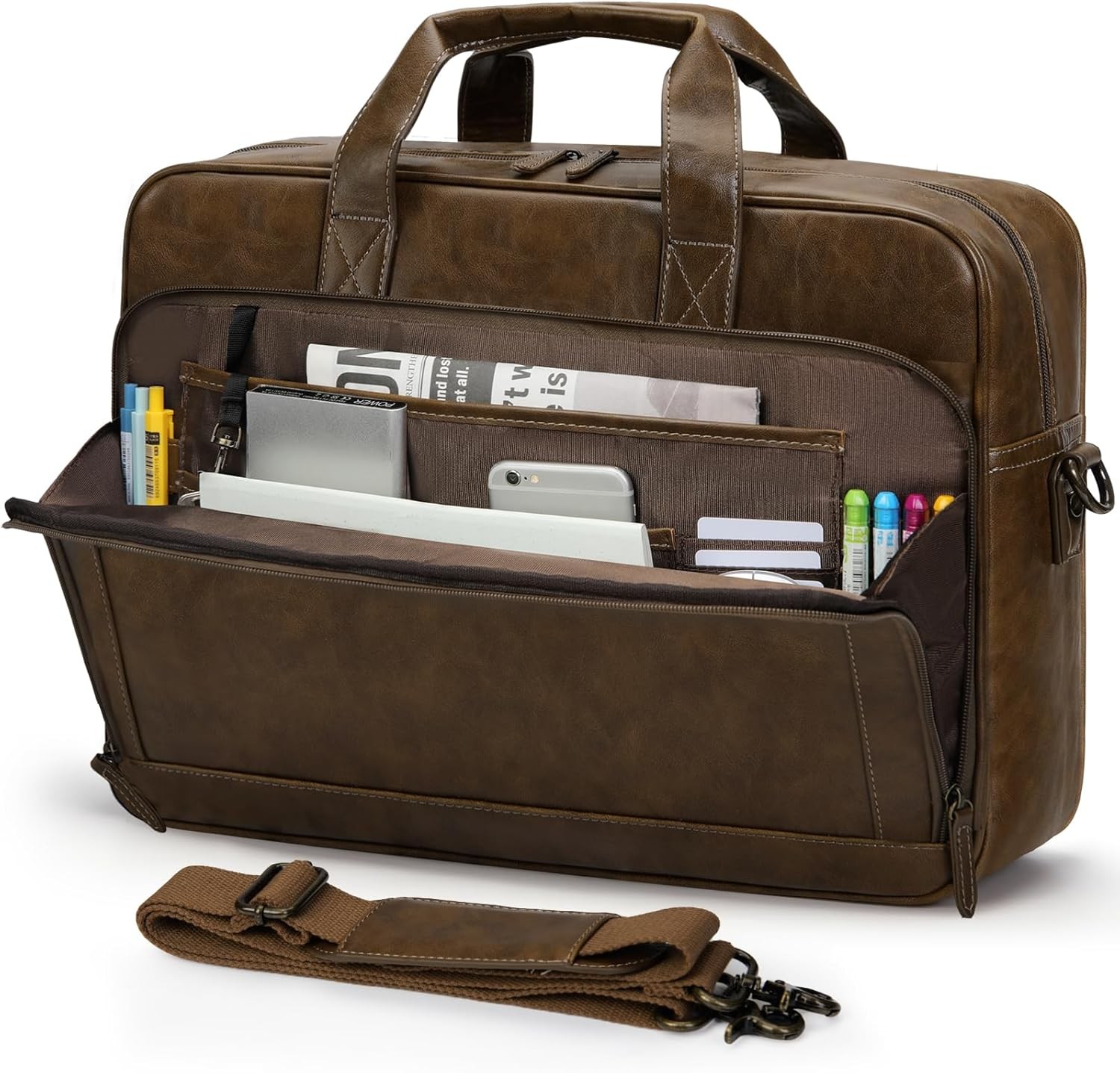 RAINSMORE Mens Laptop Bag 16 Inch Leather Briefcase Vintage Messenger Brown 