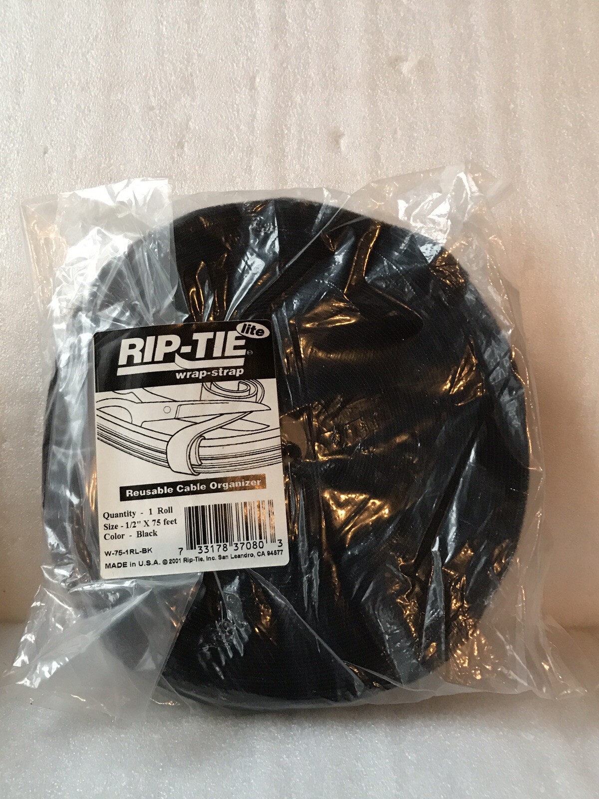 Rip-Tie  - 1/2" X 75 Ft - Wrapstrap - Black Cable Organizer - Hook & Loop 
