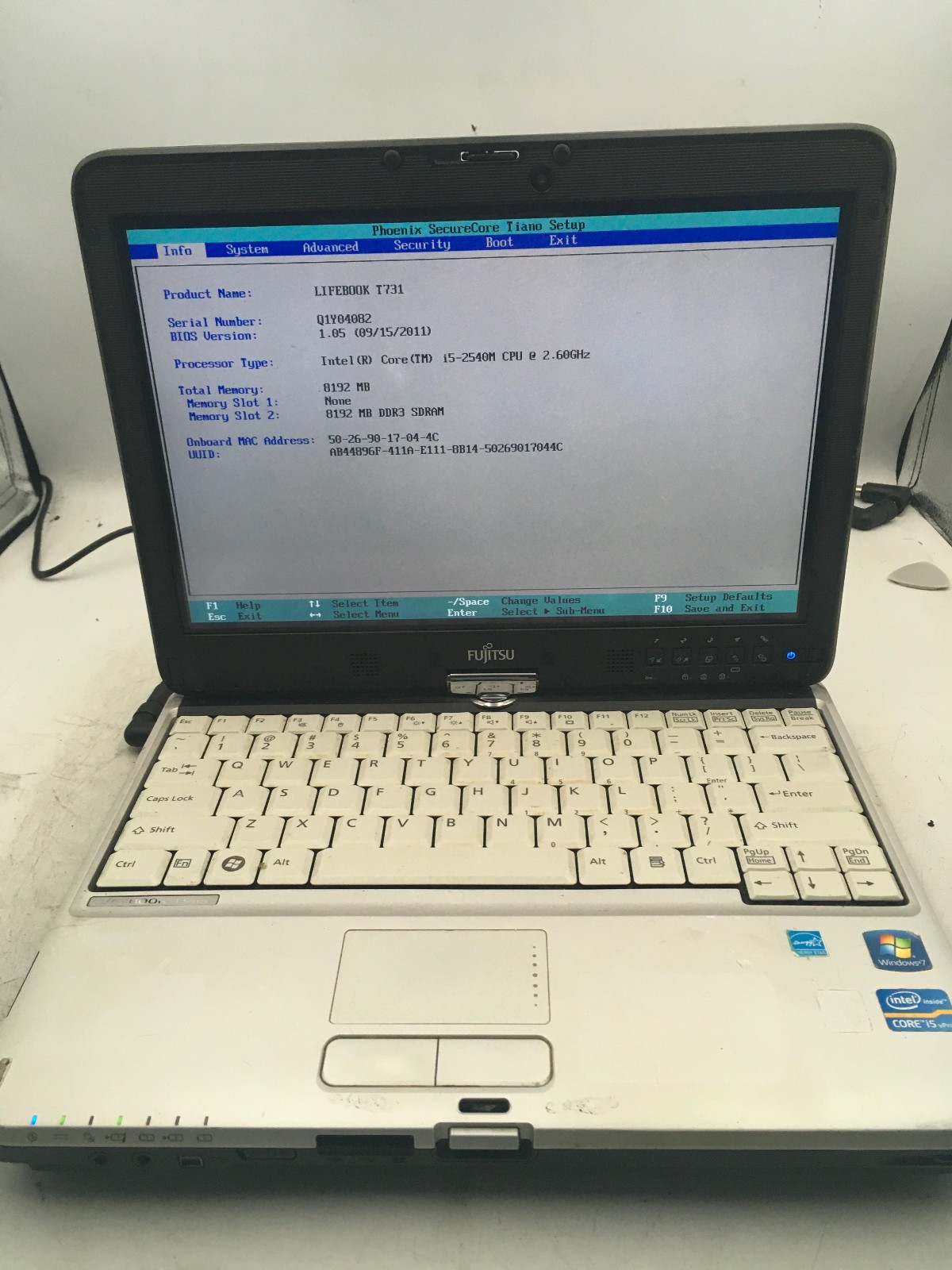 FUJITSU LIFEBOOK T731 - BOOTS TO BIOS - INTEL I5 2540M - 8GB RAM - READ DESC -BB