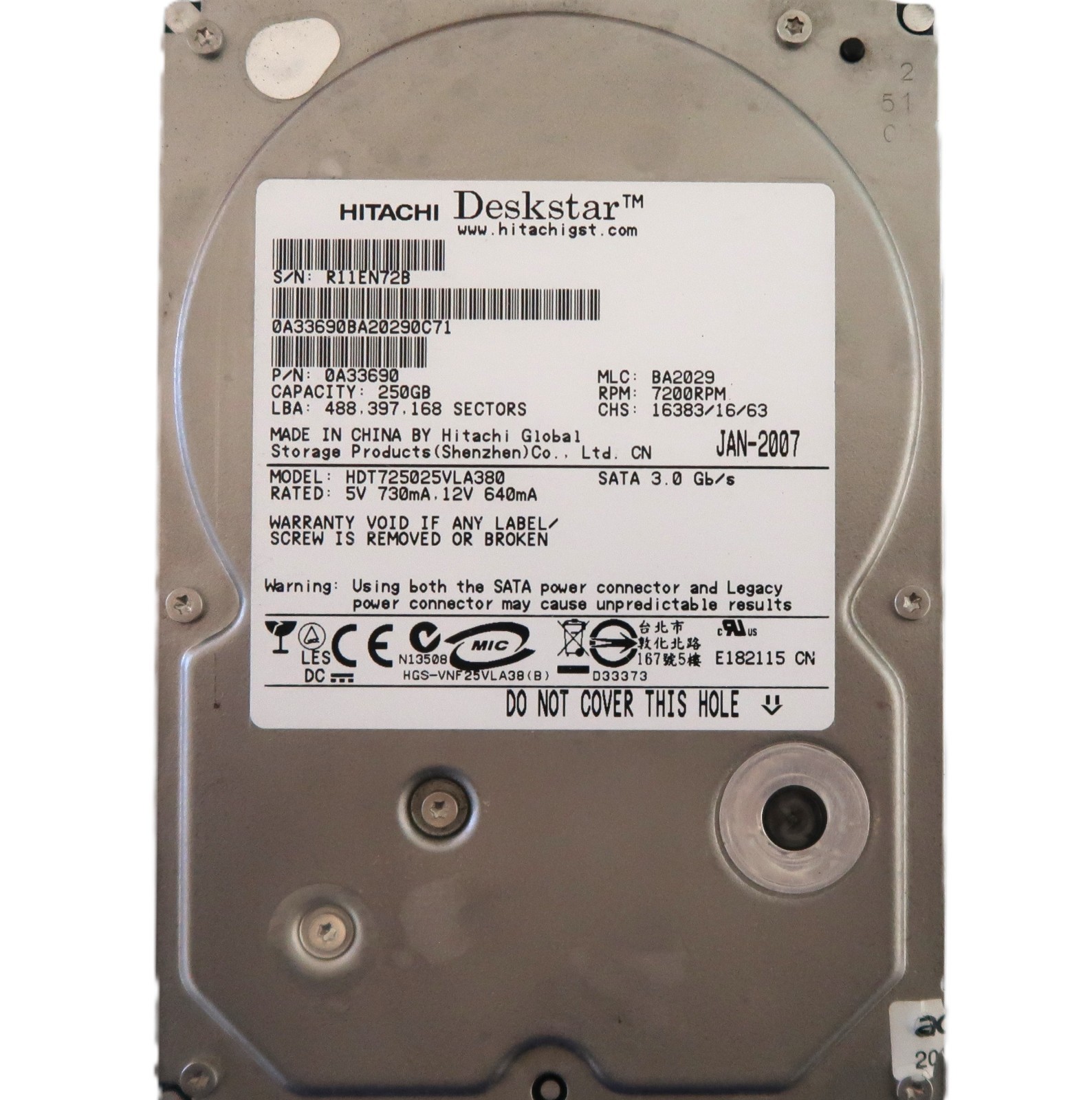 Hitachi HDT725025VLA380 0A33690 BA2029 (R11E) China 250gb 3.5" Sata HDD JAN-2007