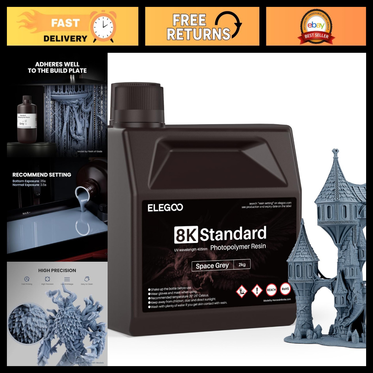 8K High-Precision 3D Printer Resin - Space Grey, 2000g, Upgraded Formula