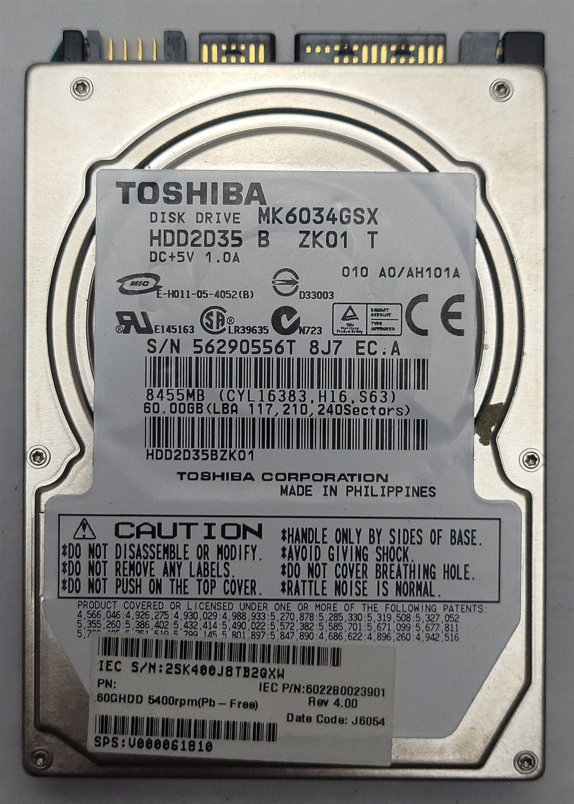 Toshiba MK6034GSX HDD , 2.5" , 60GB, SATA/150 , 5400rpm, tested w/ pics