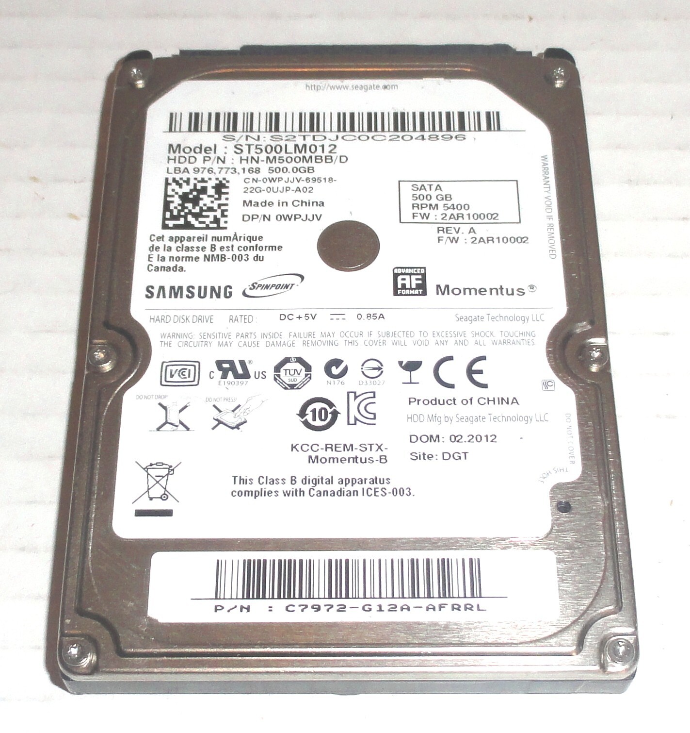 Samsung ST500LM012 500GB Sata Hard Drive F/W: 2AR10002 HDD P/N: HN-M500MBB/D