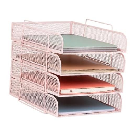 Stackable Paper Tray, Desktop Organizer, File Storage, Office, Metal Pink