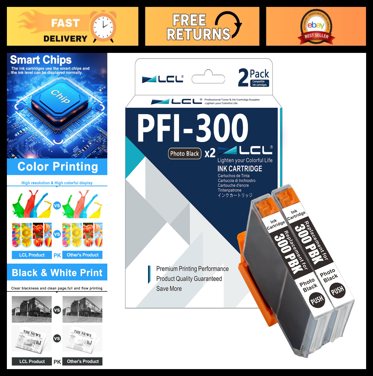Photo Black Ink Cartridge Replacement for Canon PFI-300 - 2-Pack Compatible Ink