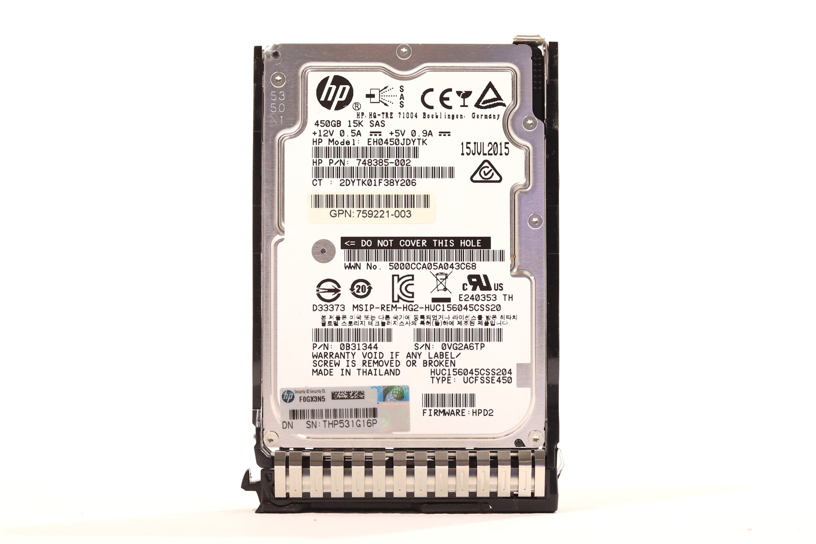 HPE EH0450JDYTK 450GB 2.5" 12Gb/s 15K RPM SAS Hard Drive W/Caddy P/N:759221-003