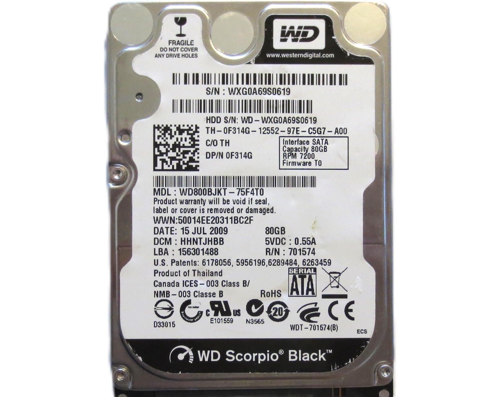 WD800BJKT-75F4T0 HHNTJHBB (WXG0) Thailand 2.5" 80gb Sata HDD 15JUL2009