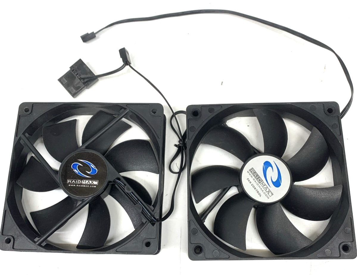 LOT of 2 x Cooler Fan Raidmax 120mm x 25mm Quiet Fan Blue/Black  3 & 4 Pin Molex