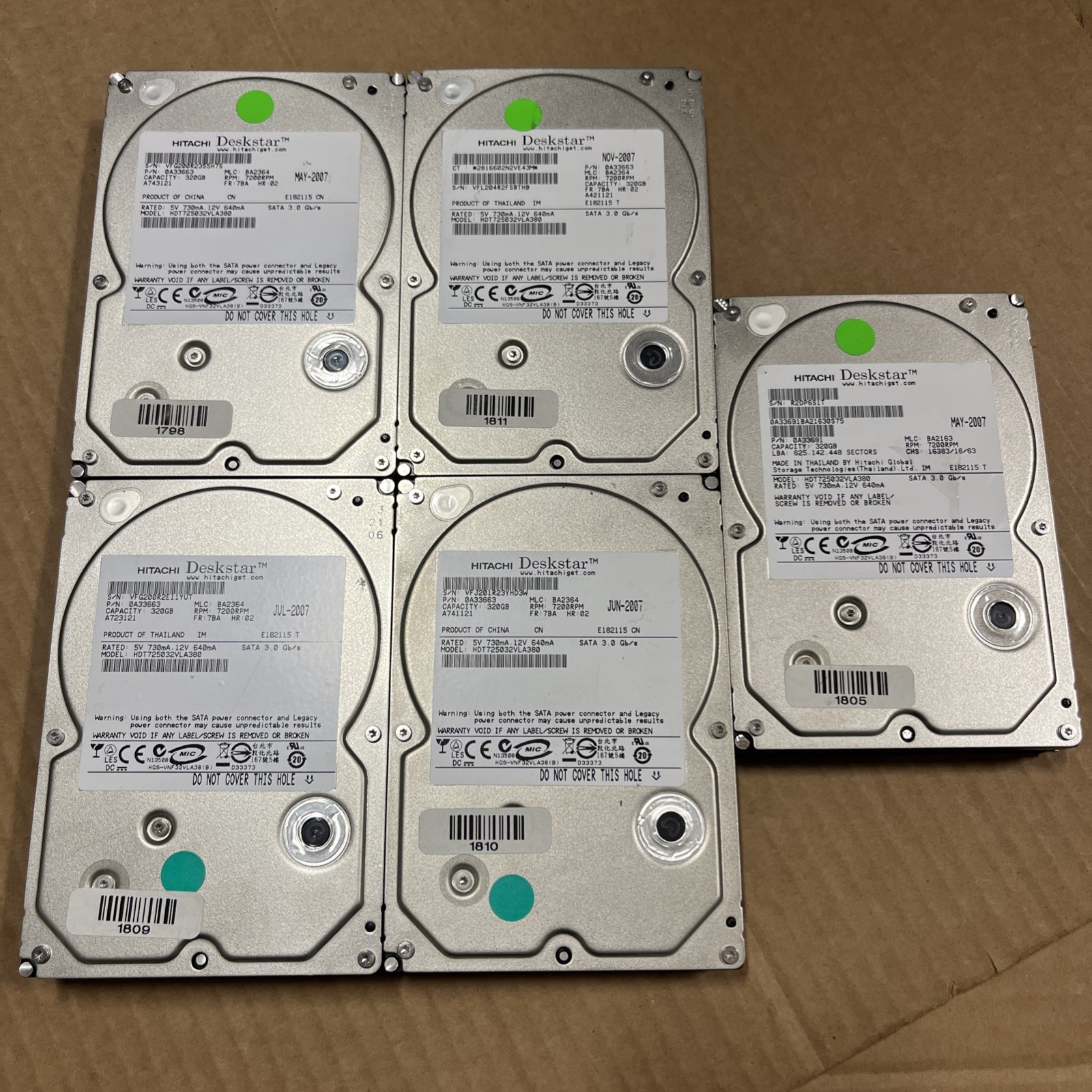 LOT Of (5) Hitachi Deskstar T7K500 320GB Internal 7200RPM 3.5" - HDT725032VLA380