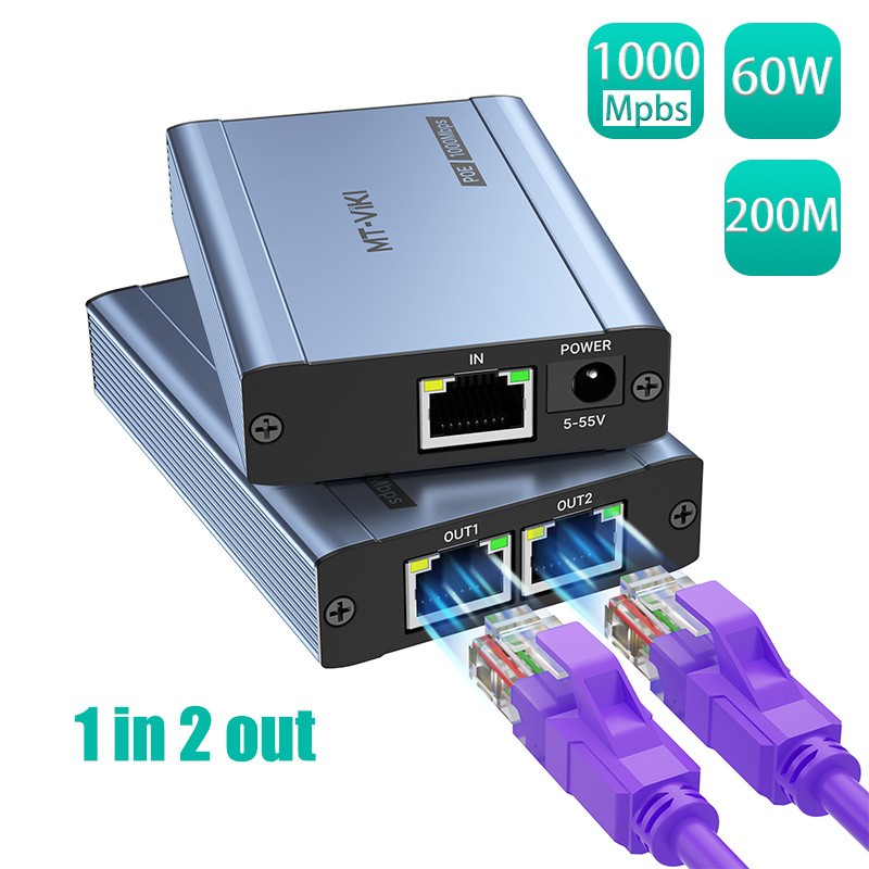 MT-VIKI 60W Ethernet Splitter 1 to 2 Gigabit PoE 1000Mbps 200m for 2 IP Cameras