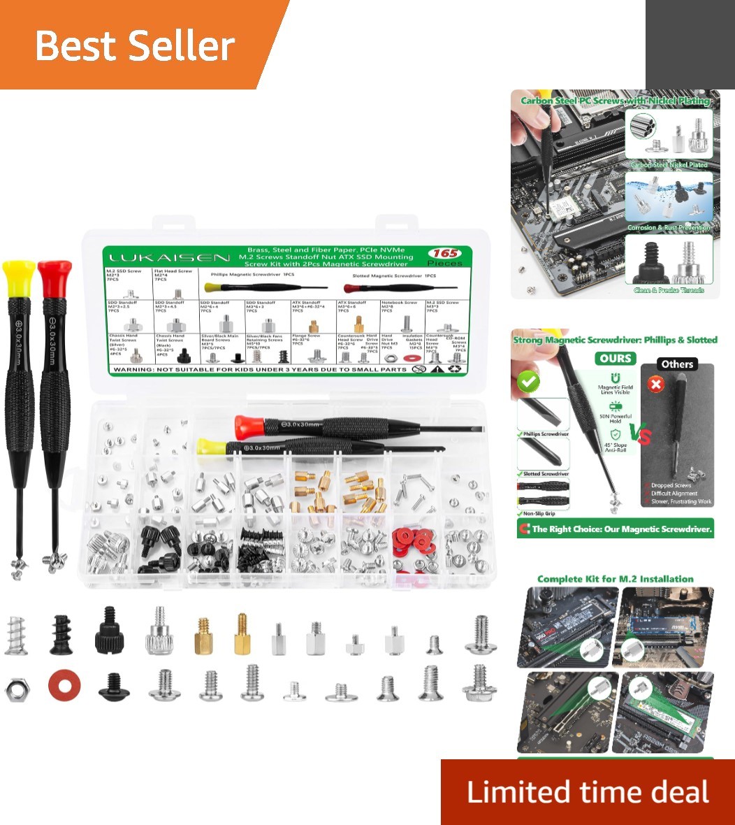 Ultimate 165Pcs M.2 NVMe SSD Screw Kit with Dual Screwdrivers & Gaskets