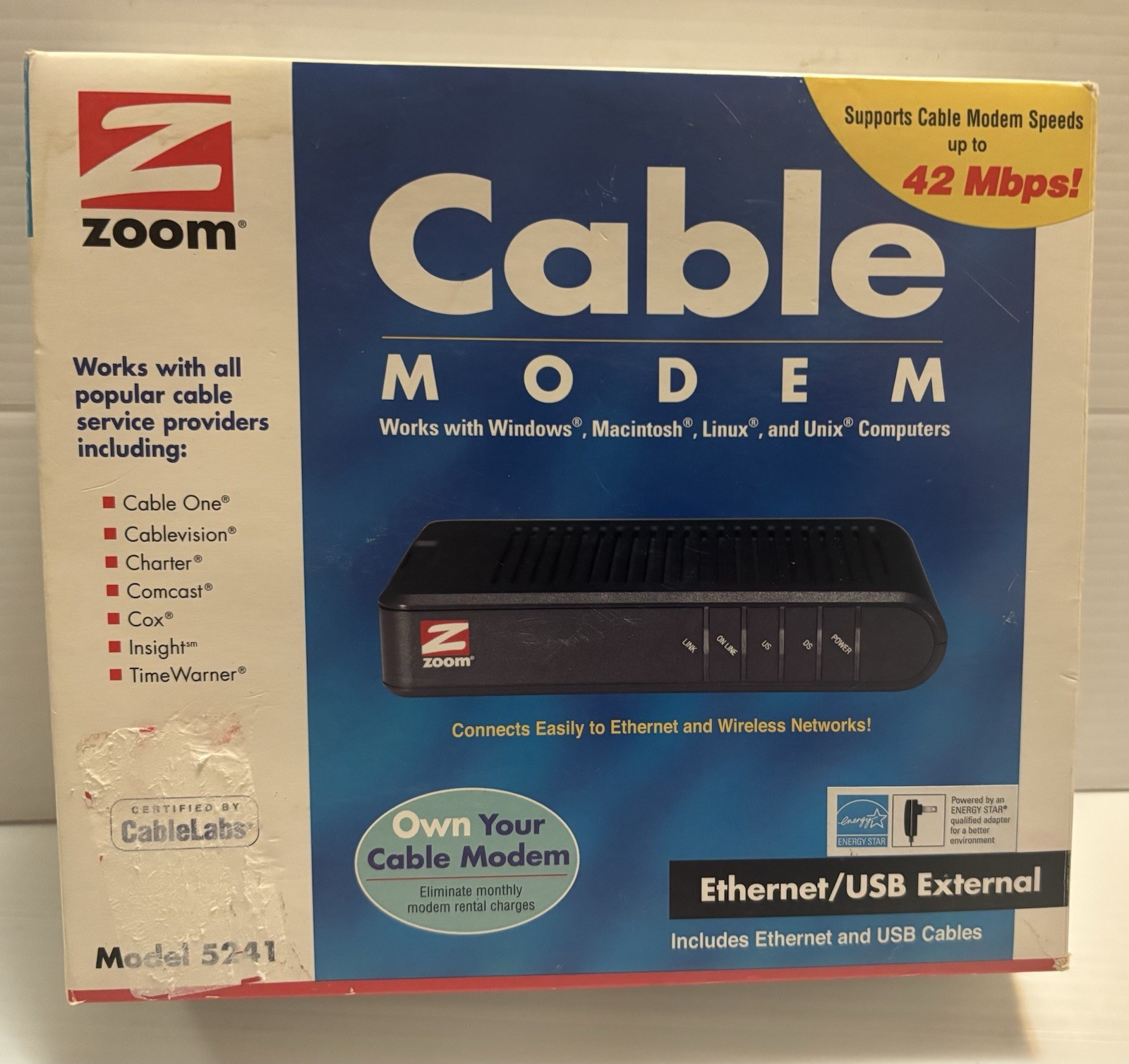 New Zoom Cable Modem Ethernet/USB External Model 5241 Windows Mac Linus Unix F/S