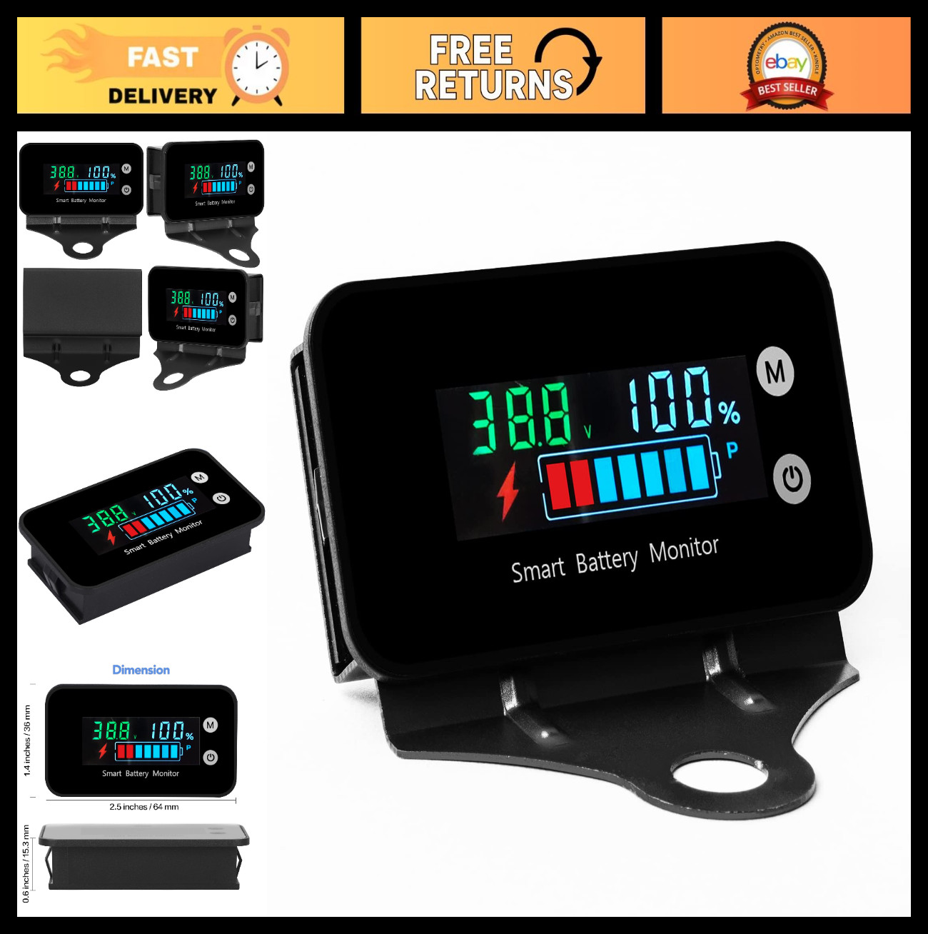 Waterproof Digital Battery Monitor 7-100V, 12V-72V, Capacity Tester w/ Alarm & T